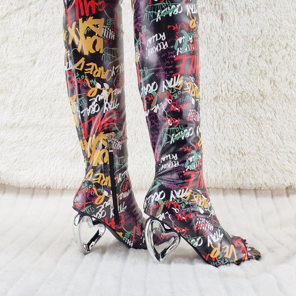 Zen Love Colorful Graffiti Print Over The Knee Boots With Wedge Heart heels - Picture 10 of 16